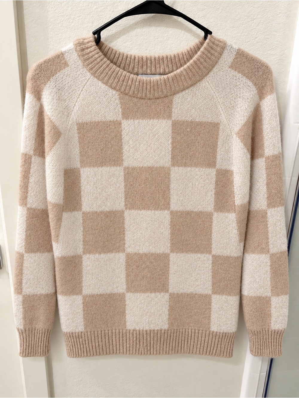 Bianco & Blu Italy Mohair Blend Checkerboard Sweater Cream Beige S
